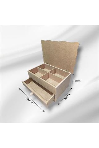 Ahşap-boyanabilir-4bölmeli-1çekmeceli- Takı-makyaj-organizer Kutu