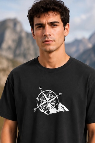 Wear Vexel Erkek Outdoor Pusula Dağ Baskılı Kısa Kollu Oversize T-shirt - Siyah Çok Renkli