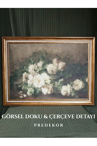 Gold Çerçeveli Vintage Dekoratif Beyaz Gül Tablo 60x80 Cm