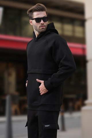 Madmext Siyah Kapüşonlu Cep Detaylı Erkek Sweatshirt 7092 Siyah