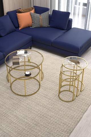 Belarus Orta Sehpa Gold 60cm & Alya Gold Zigon Sehpa Şeffaf Cam