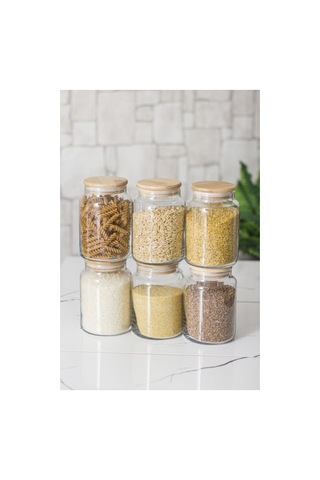 6 Lı Set Bambu Kapaklı Cam Kavanoz & Erzak Saklama Kabı 800 Ml Orta Boy Vakum Kapak Düz Renkli