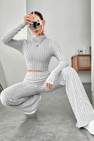 Epilons Zenviaatt2 Kadın Gri Çizgili Boğazlı Crop Top Ve Yüksek Bel Pantolon Takım Zenvi312
