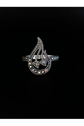 925 Ayar Gümüş Siyah Lale Tasarım Markazit Taşlı Kadın Yüzük Y218