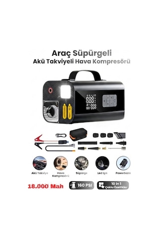 Jump Starter Süpürgeli Akü Takviye Cihazı 18.000mah 10 İn 1 Powerbank, Hava Kompresörü, Lcd Ekran