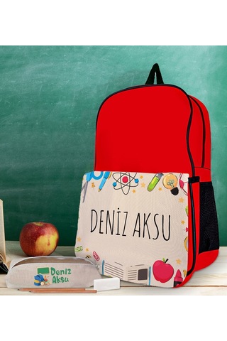 Bk Gift Kişiye Özel İsimli Kırmızı Okul Çantası Ve Kalemlik Hediye Seti-4