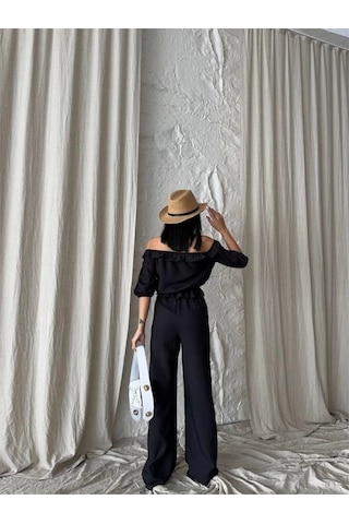 Defymoda Keten Madonna Yaka Kol Hasır Şerit - Pantolon Takım - Siyah Siyah