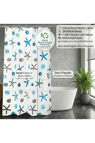 Çift Kanatlı Banyo Perdesi, Desenli Duş Perdesi, Küvet Perdesi, Halkalı 2 Adet 90x180 Cm Çok Renkli