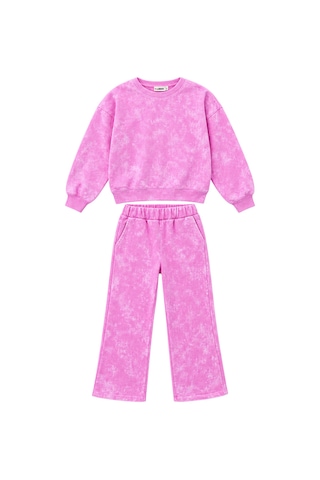 Luess Kız Çocuk Pembe Batik Yıkamalı Sweatshirt Boru Paça Eşofman Altı 2'li Takım