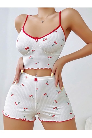 Fantezia Kadın Vişne Desenli Dantel Askılı Şortlu Pijama Takımı 5193 Beyaz