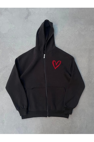 Leyla Sanat Sanata Yeni Bir Bakış Açısı Üç İplik Baskılı Fermuarlı Kapşonlu Hırka - Siyah Siyah