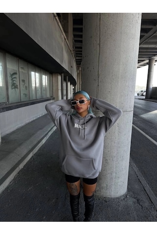 Valensdesign Uzun Kol Kapşonlu Göğüs Baskılı Sweatshirt - Gri