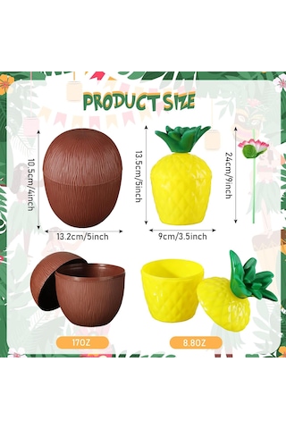 Ananas Hindistan Cevizi Tasarımlı Pipetli Bardak Seti 6 Adet Renkli
