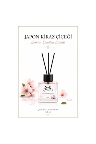 Rosie Japon Kiraz Çiçeği Çubuklu Oda Kokusu, Premium Cam Şişe, Kalıcı Ortam Kokusu, Dekoratif Reed Diffuser