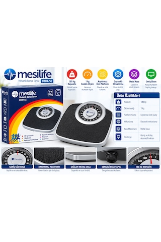 Mesilife Dt09-ss Mekanik Banyo Baskülü 180 Kg Kapasiteli 1 Kg Hassasiyetli Kaymaz Platform Metal Kasa