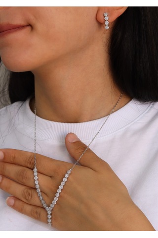 Zirkon Taşlı Yuvarlak Model 925 Ayar Gümüş İkili Set 201024691 Gümüş