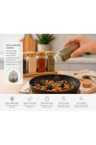 Bambu Kapaklı Cam Baharatlık Seti 12 Adet, Şeffaf Kare Baharat Kavanozu, Plastik Delikli İç Kapaklı Kontrollü Döküm Sistemi, 11x4x4 Cm Mutfak Düzenleyici Baharat Saklama Kabı Seti