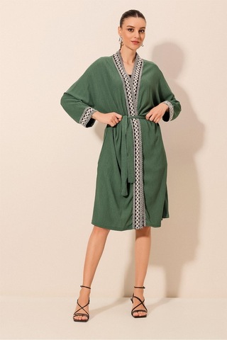 Bigdart 5865 Nakışlı Örme Uzun Kimono - Zümrüt Yeşili 001