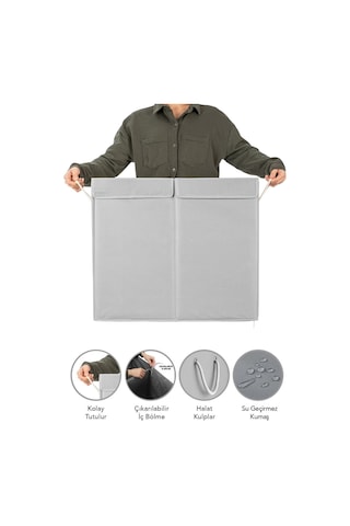 Meleni Home Iki Bölmeli Mega Boy Çamaşır Sepeti - Kulplu Katlanır Banyo Kirli Çamaşır Sepeti 50 Lt + 50 Lt Diğer