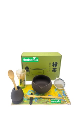 Herbarius 8 Parça Dokulu Mat Siyah Renk Matcha Çayı Hazırlama Seti - Geleneksel Japon Matcha Seti