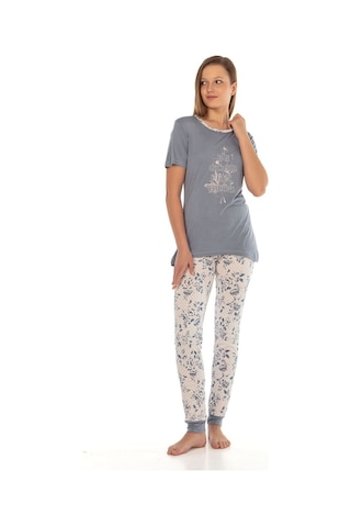 Vishenka Vıshenka Kadın Viskon Likrasız Baskılı Pijama Takımı Gri