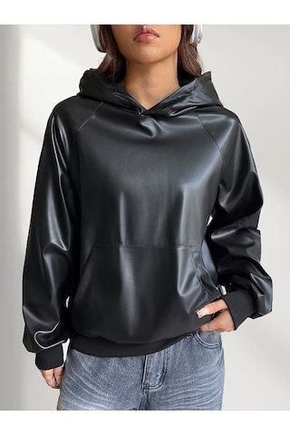 Bhrwear Kadın Uzun Kollu Kapşonlu Cepli Şardonlu Deri Bluz Renkli