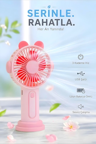 Şarjlı Taşınabilir Sevimli Kulak Tasarımlı Mini Fan 3 Kademeli Hız Telefon Standlı Vantilatör Pembe