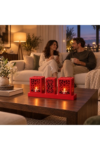 Lazer Kesim Metal Tealight Mumluk Ve Tütsülük Seti Geometrik Selçuklu Yıldızı Motifli Modern Ev Dekoru Benzersiz Masa Süsü Ve Hediye Kırmızı