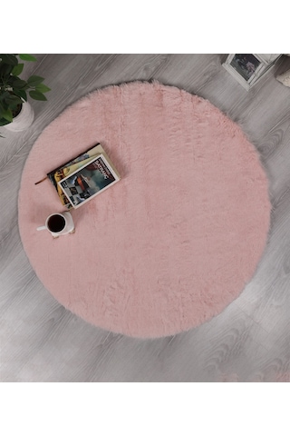 Dekoratif Tavşan Tüyü Ultra Yumuşak Peluş Yuvarlak Halı Pembe