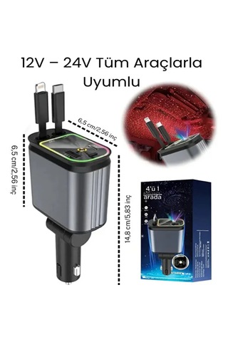 66w Led Işık Yıldızlı Tavan 3.4a Type-c + Araç Usb Çakmaklık Hızlı Şarj Cihazı Tüm Araçlara Uyumlu