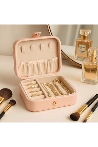 Deri Mini Baklava Desenli Seyahat Takı Bijuteri Mücevher Kutusu Organizer Düzenleyici 11,5cm Pembe İ