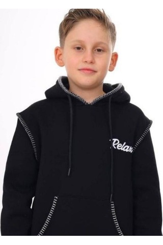 Erkek Çocuk Kapüşonlu Biye Detaylı Şardonlu Kalın Tasarım Sweatshirt-15196 Siyah