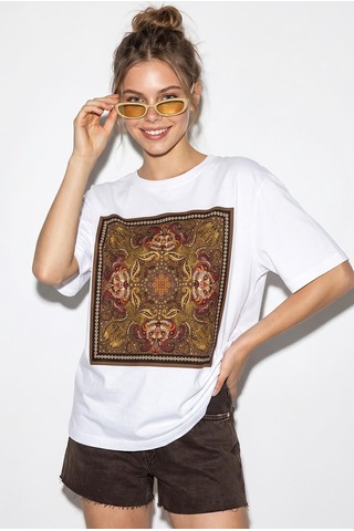 Shade Kadın Etnik Desenli Boncuk İşlemeli Baskı Detaylı Oversize T-shirt 2128 60286123 - Beyaz