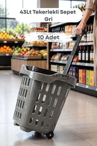 10 Adet - 43 Lt Tekerlekli Market Sepeti Plastik Alışveriş Sepeti Ergonomik Çift Saplı Gri