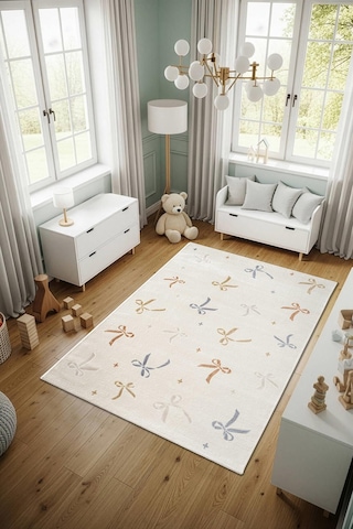 Cotto Kids Ck002r Krem Halı Renkli Fiyonk Desen Kaymaz Taban Yumuşak Yıkanabilir Çocuk Odası Halısı