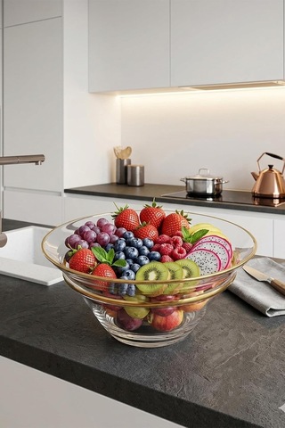 Velora Altın Yaldızlı Büyük Cam Meyvelik 29 Cm 2 Litre Şeffaf
