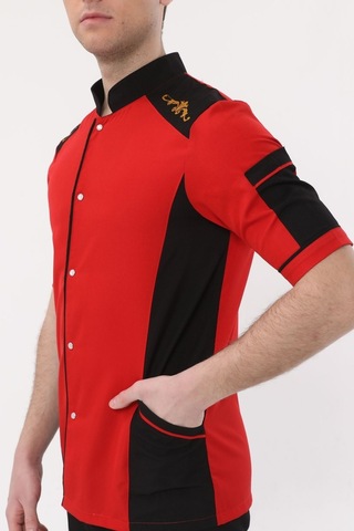 Uniprom Kısa Kollu Aşçı Ceketi Önlük Omuz Nakışlı Cepli Şef, Garson Kırmızı Siyah