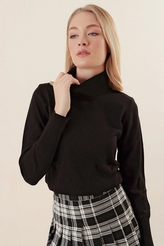 Onno Style Women Düz Balıkcı Yaka Basic Kazak Siyah