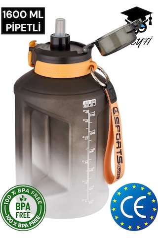1600 Ml Çift Renk Pipetli Taşıma Askılı Ve Kulplu Motivasyon Su Matarası Vagonlife 2307 001