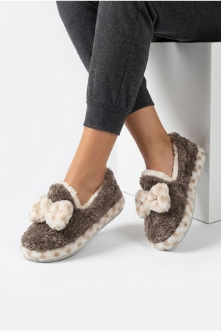 Nmoda Kadın Fiyonklu Yumuşak Peluş Panduf İçi Kürklü Kaymaz Taban Kışlık Sıcak Tutan Ev Terliği Ev Botu Kahverengi