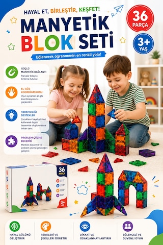 36 Parça Manyetik Blok Seti Çocuk Eğitici Manyetik Yapı Oyuncağı Zeka Geliştirici Yapı Blokları 3 Yaş Ve Üzeri