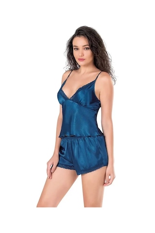 Veraura Lifestyle Kadın Petrol Mavi Saten Babydoll Şort Takımı