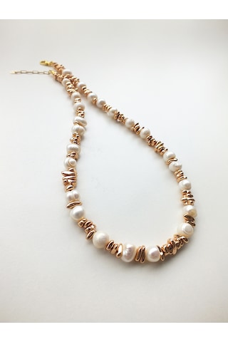 Hematit Taşlı İnci Kolye Beyaz - Rose Gold