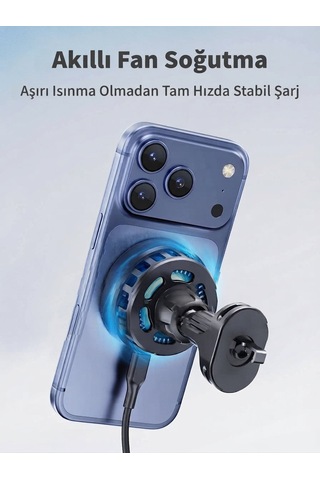 Ven-dens Vd-wlc031 Qi2 25 W Manyetik Kablosuz Şarjlı Araç Telefon Tutucu, Magsafe Uyumlu, Soğutma Fanlı, 360 Döner, Siyah