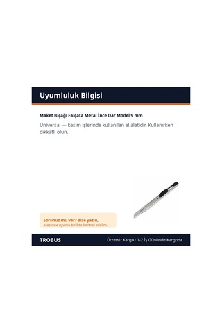Trobus Maket Bıçağı Falçata Metal İnce Dar Model 9 Mm