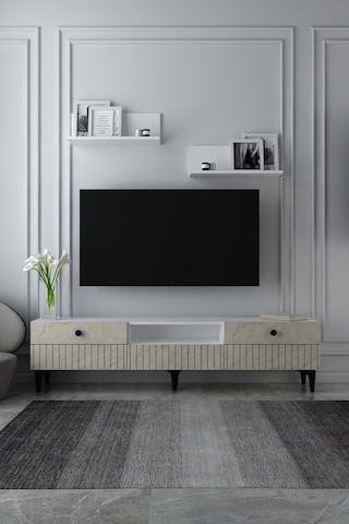 180dhdtrüç7bt İlay Lazer Desen Kapak Raflı Tv Sehpası Ünitesi Beyaz-traverten