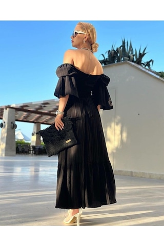 Fashion Cocktail Çift Bel Korseli Düşük Omuz Yarım Kollu Bohem Maxi Bilekte Uzun Tatil Elbisesi Siyah