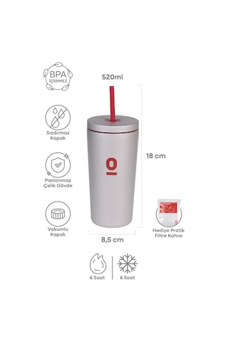 Gri Metal Paslanmaz Çelik Pipetli Termos 520 ML Kapaklı No:94