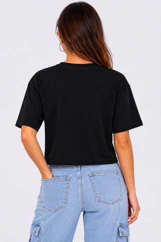 Primemagazam Kadın Kedi Baskılı Oversize Crop Tişört Salaş Basic Yarım Kol T-shirt - Siyah Çeşitli