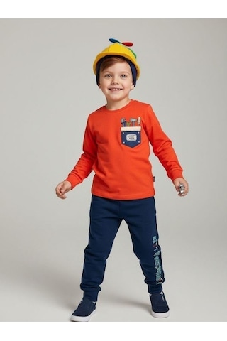 Zekids Erkek Çocuk Pamuklu Baskılı Uzun Kollu Pijama Takımı-16839 Nar